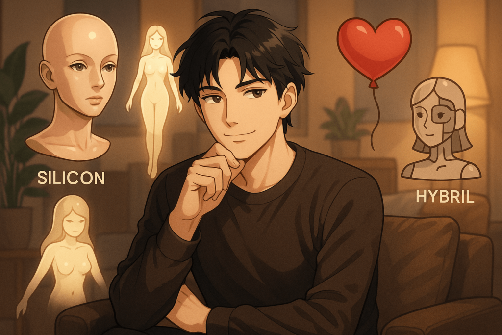 A handsome man thinking about variety of sex toys