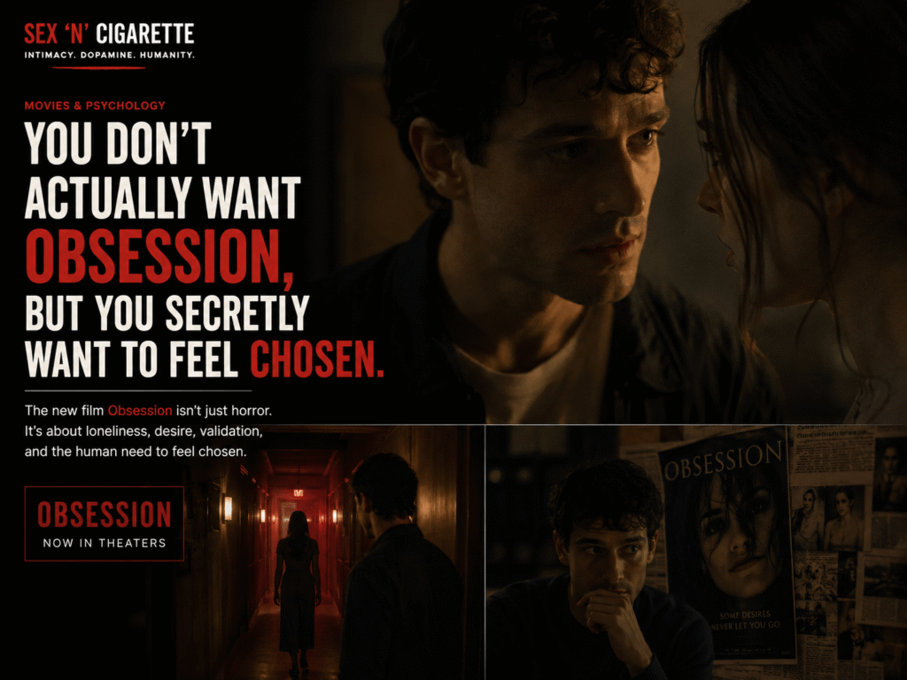 Two people caught in a moment of intense attraction and emotional tension, representing the thin line between desire, obsession, and human connection.
