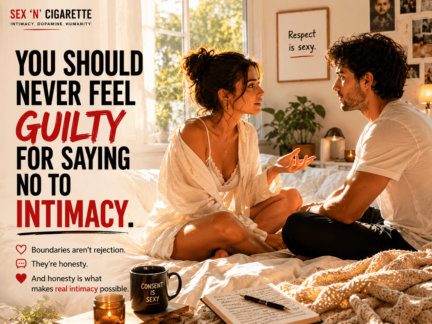 Couple discussing intimacy and personal boundaries in a warm, emotionally safe relationship setting.