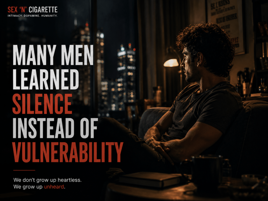 Emotionally reflective modern man sitting alone at night