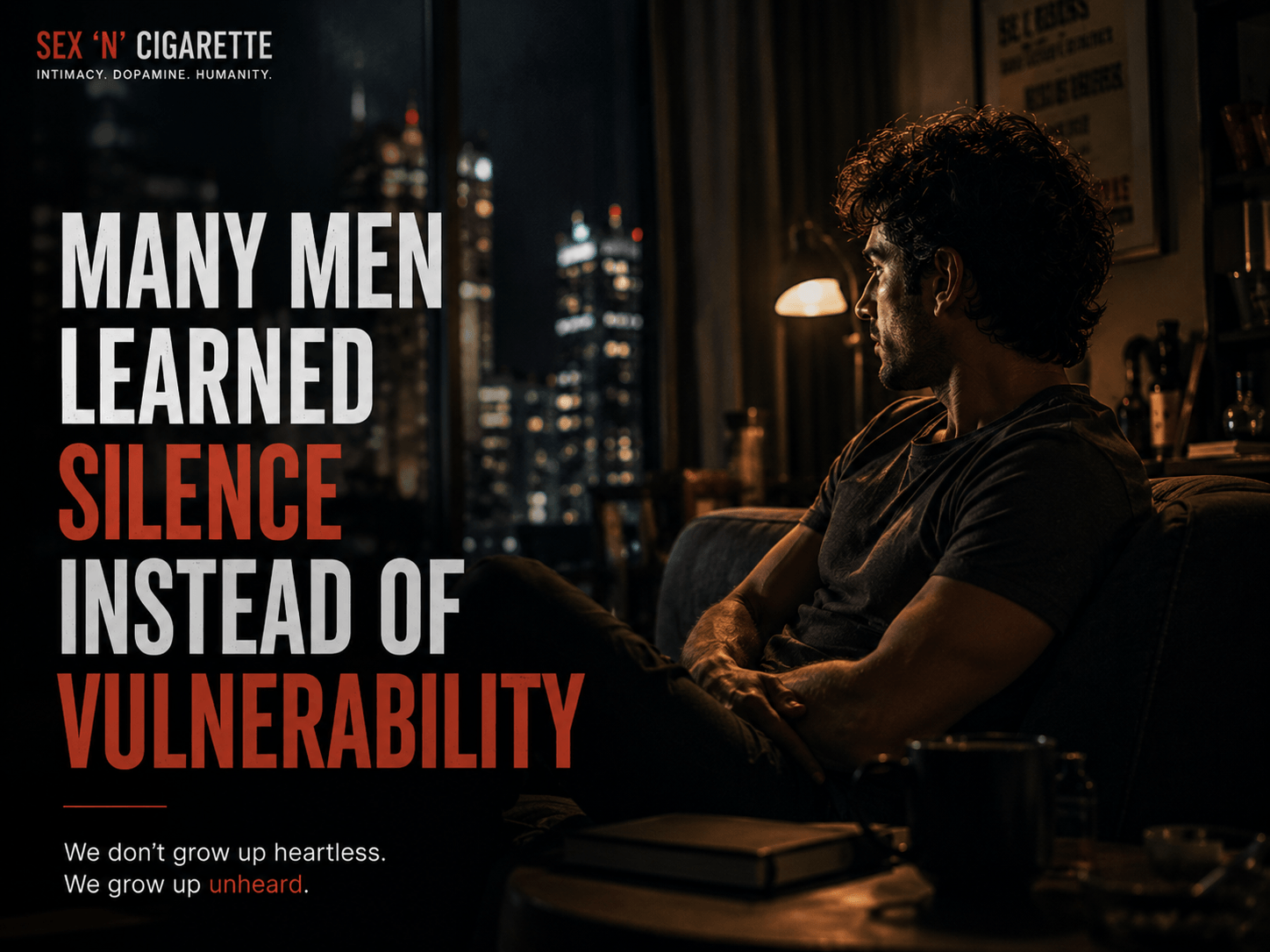Emotionally reflective modern man sitting alone at night