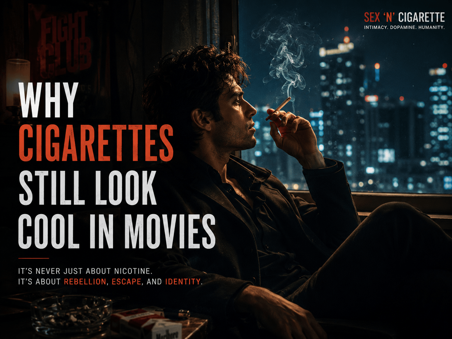 Cinematic emotionally reflective smoking scene at night