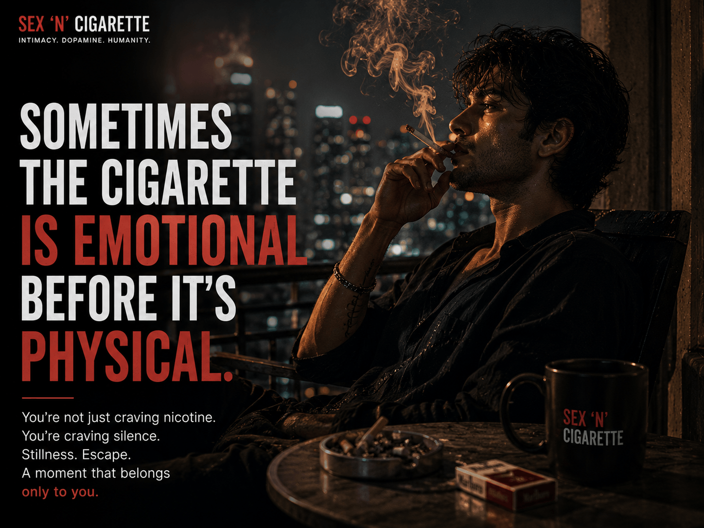 Emotionally reflective person smoking alone at night in urban setting