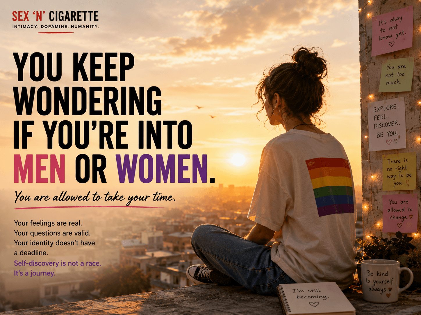Teenager exploring questions about attraction, sexuality, and identity while sitting on a rooftop at sunset in a hopeful urban setting.