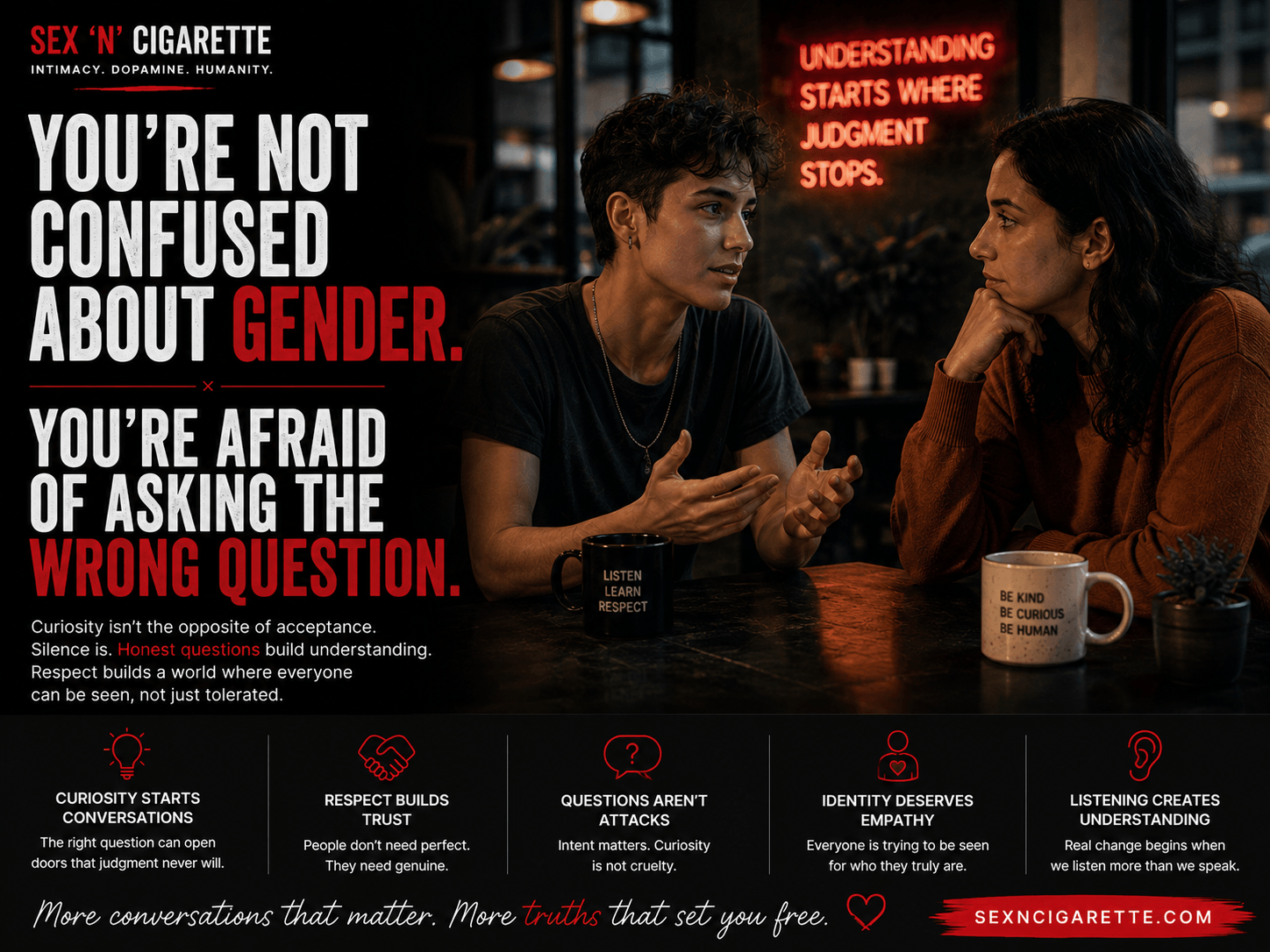 Two people having a respectful conversation about gender identity, curiosity, empathy, and understanding in a modern, emotionally intelligent setting.