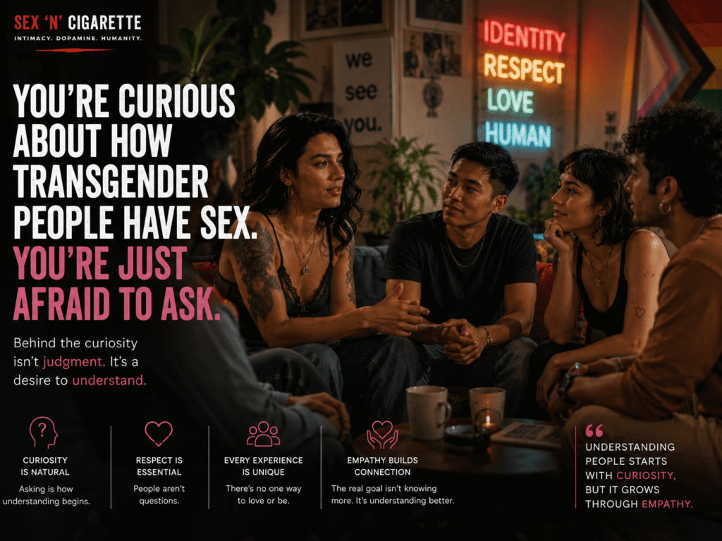 Diverse individuals having an open conversation about identity, intimacy, and understanding, representing respectful curiosity about transgender experiences and LGBTQ+ inclusion.