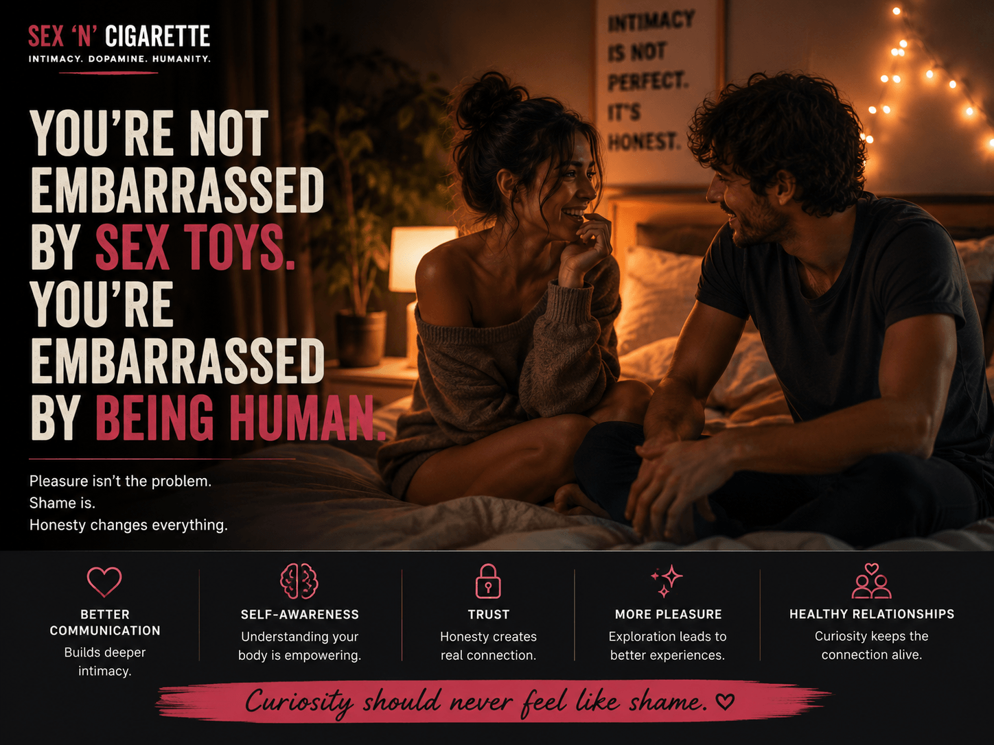 Couple having an open and comfortable conversation about intimacy in a warm modern bedroom, representing trust, communication, and emotional connection.
