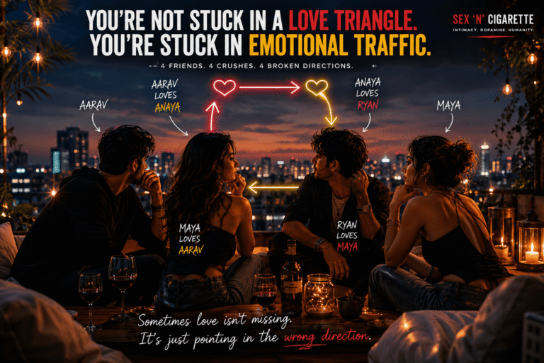 Four longtime friends sharing a social gathering while secretly experiencing unrequited attraction, symbolizing friendship, emotional timing, and relationship psychology.