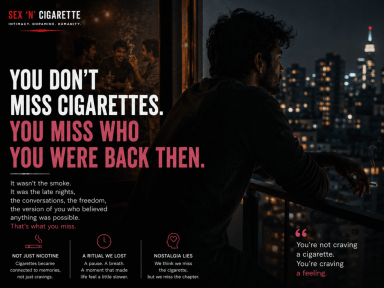A reflective adult standing under city lights remembering an earlier chapter of life associated with smoking, nostalgia, identity, and emotional memories.
