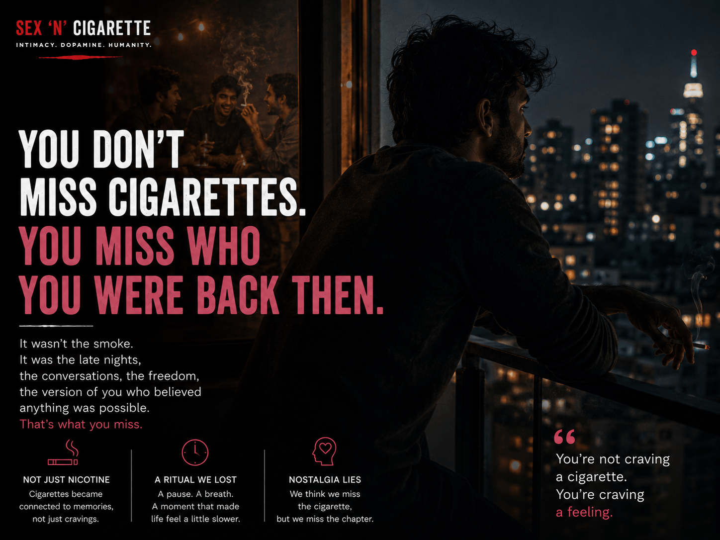 A reflective adult standing under city lights remembering an earlier chapter of life associated with smoking, nostalgia, identity, and emotional memories.