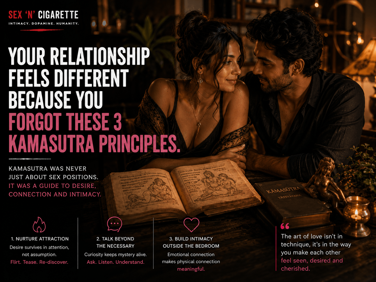 Couple sharing an intimate conversation in a warm, elegant setting, representing Kamasutra principles of attraction, emotional intimacy, and lasting relationships.