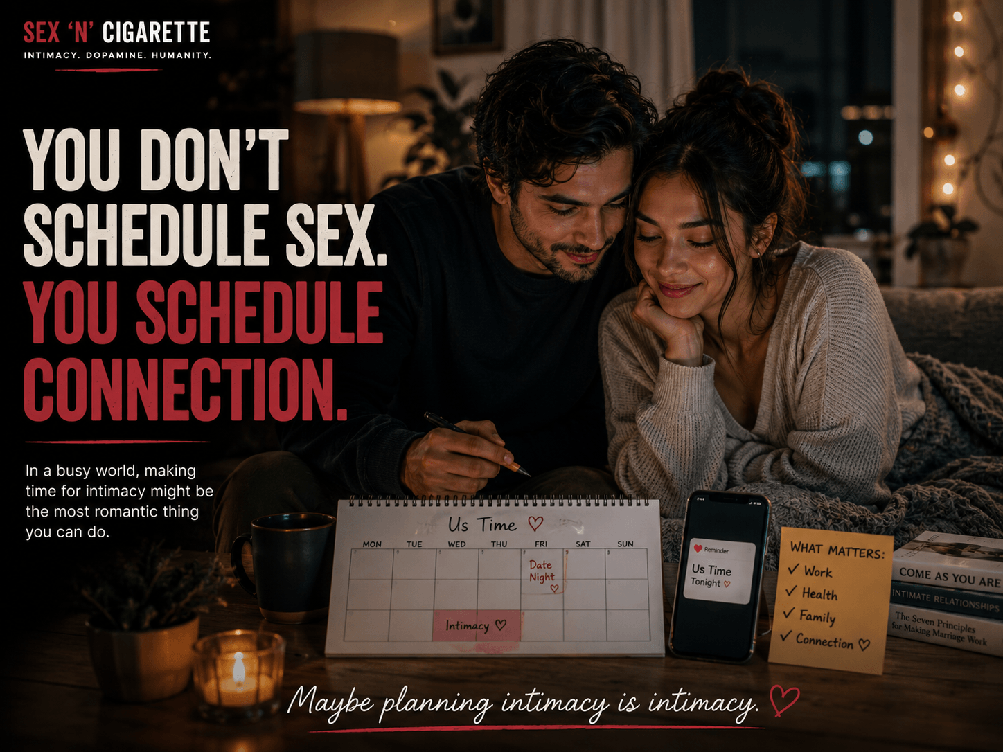 Couple making intentional time for intimacy and connection in a modern relationship, representing emotional closeness, desire, and relationship commitment.
