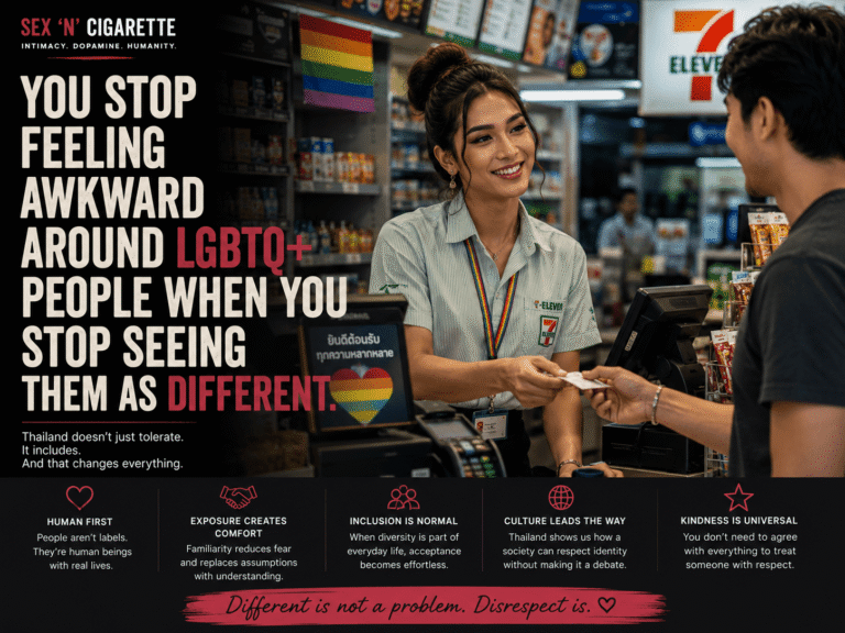 Diverse people interacting naturally in a modern urban setting, representing LGBTQ+ inclusion, acceptance, community, and everyday human connection.