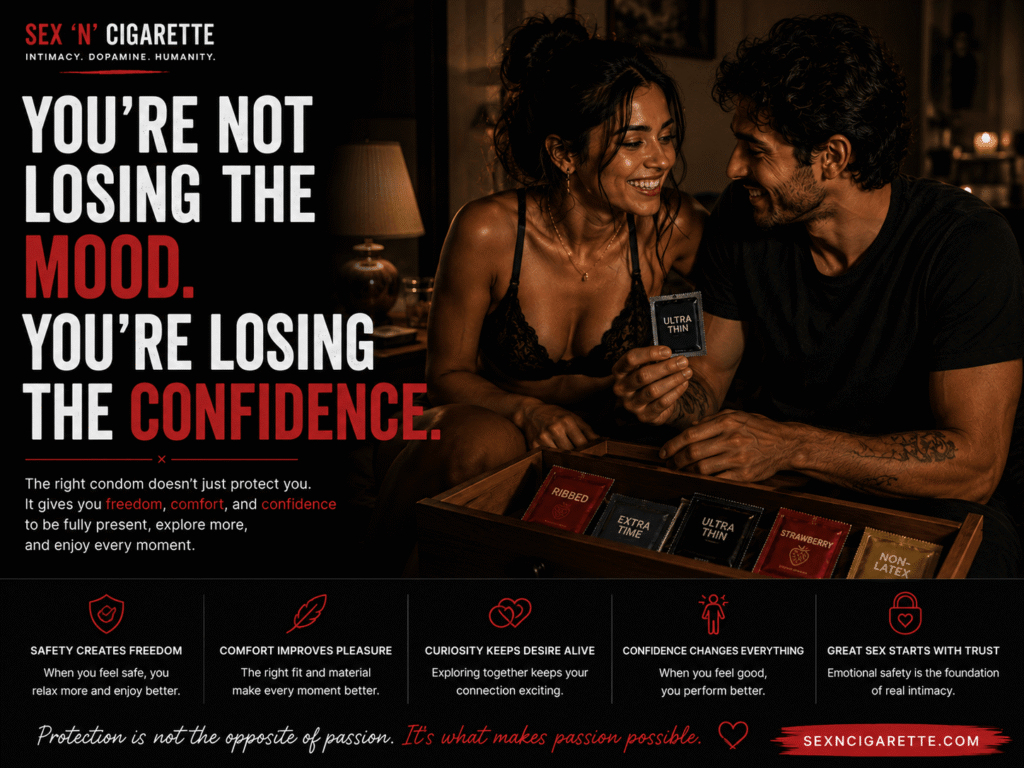 A confident couple discussing sexual wellness and intimacy, representing different types of condoms, safe sex, communication, pleasure, and modern relationships.