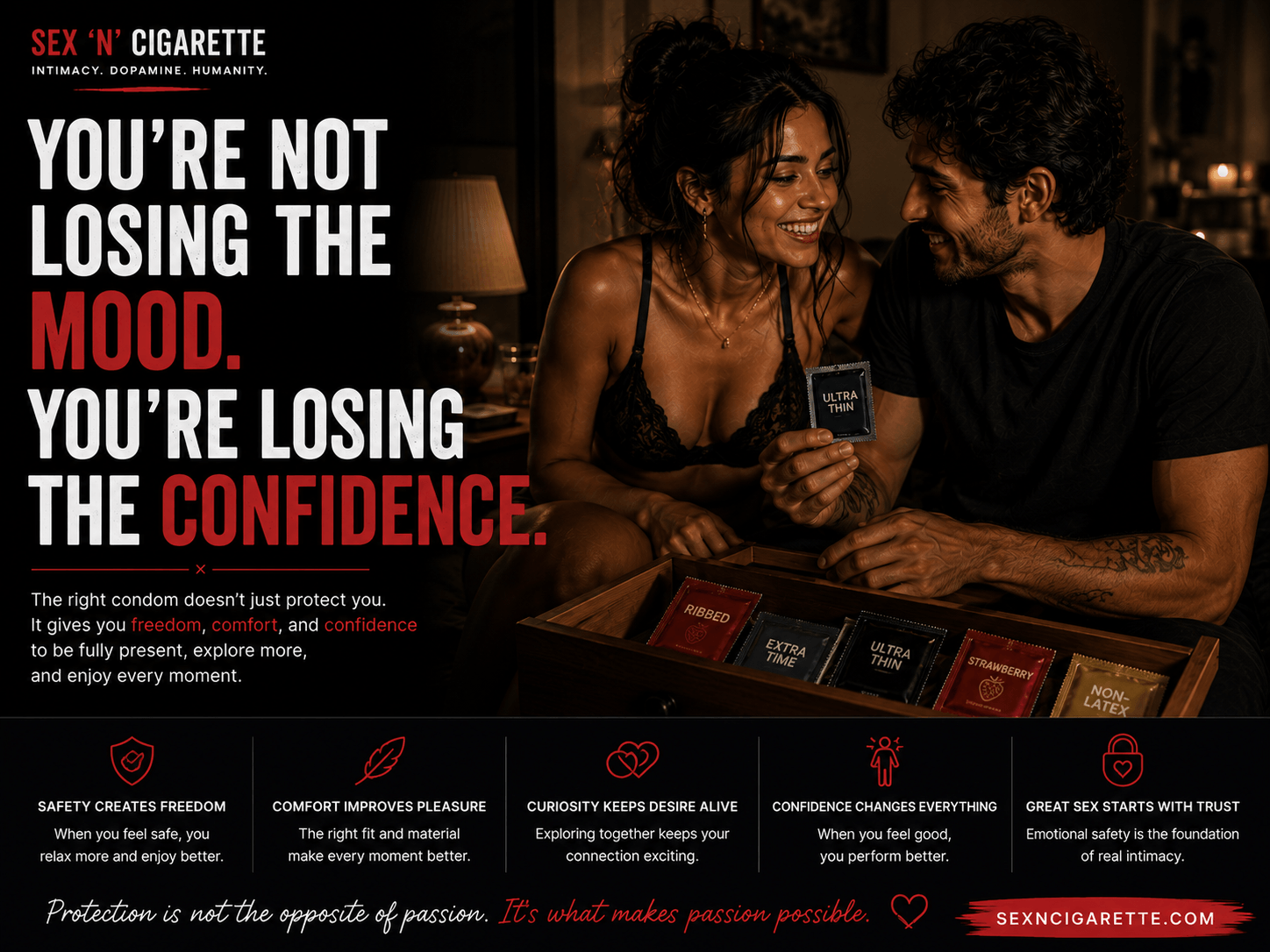 A confident couple discussing sexual wellness and intimacy, representing different types of condoms, safe sex, communication, pleasure, and modern relationships.