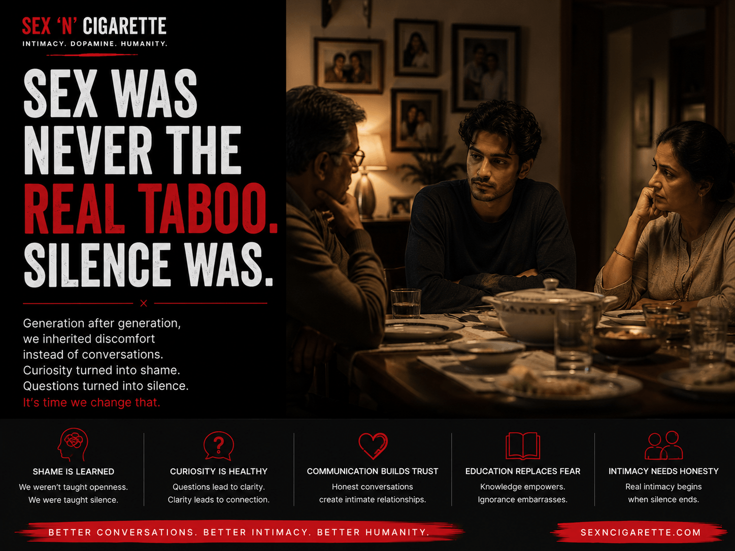 A family sharing an awkward moment during a conversation about intimacy, representing why sex became a taboo, communication, emotional safety, and modern cultural attitudes toward sexuality.
