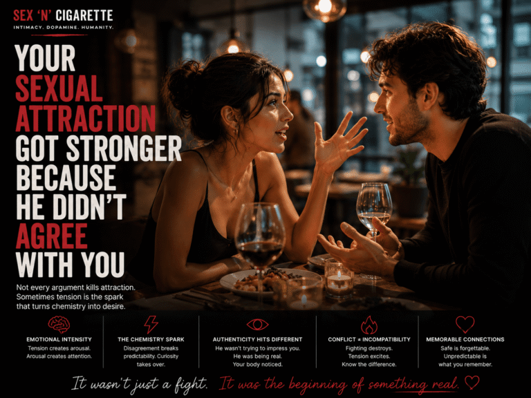 Two people on a first date engaged in an animated conversation, representing attraction, chemistry, emotional tension, and modern dating psychology.