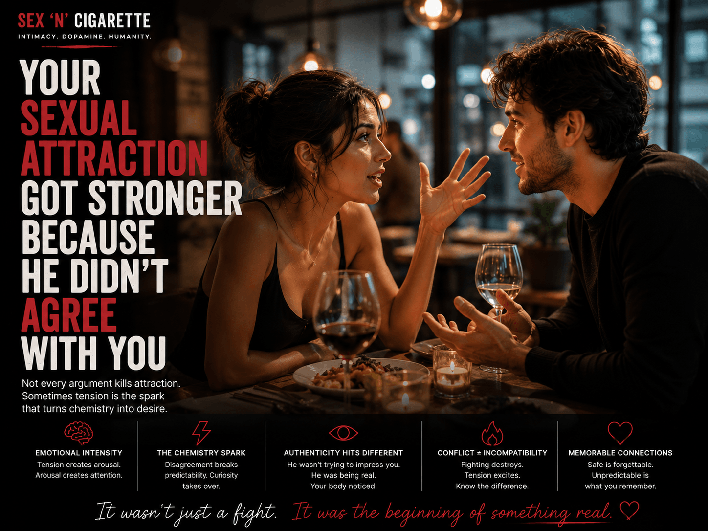 Two people on a first date engaged in an animated conversation, representing attraction, chemistry, emotional tension, and modern dating psychology.