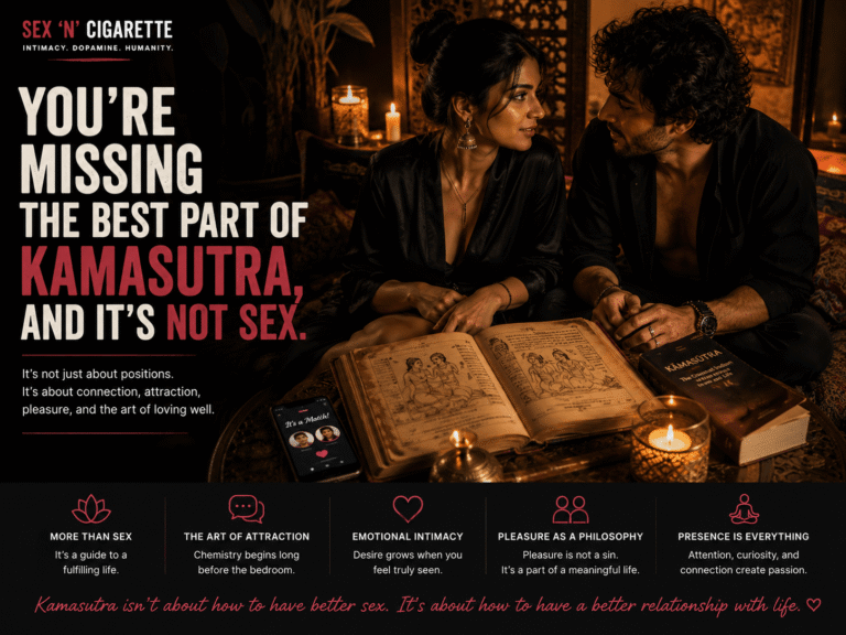 Elegant couple sharing an intimate conversation in a warm candlelit setting, representing attraction, connection, and the deeper meaning of Kamasutra.
