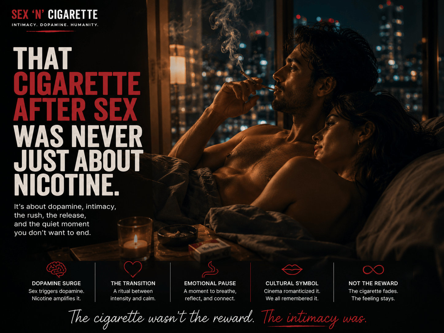 Couple sharing a quiet reflective moment after intimacy, symbolizing dopamine, emotional connection, ritual, and the psychology behind the cigarette-after-sex stereotype.