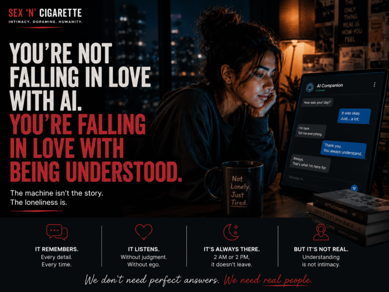 Young adult having a late-night conversation with an AI companion, representing emotional connection, technology, loneliness, and the human need to feel understood.