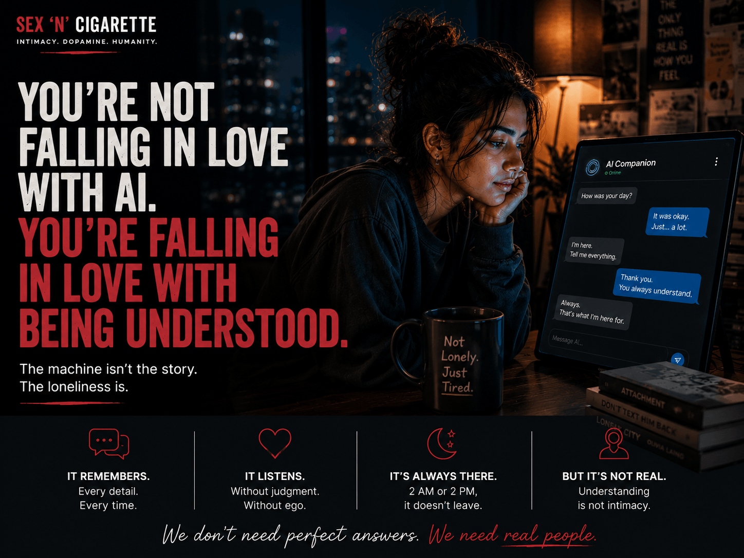 Young adult having a late-night conversation with an AI companion, representing emotional connection, technology, loneliness, and the human need to feel understood.