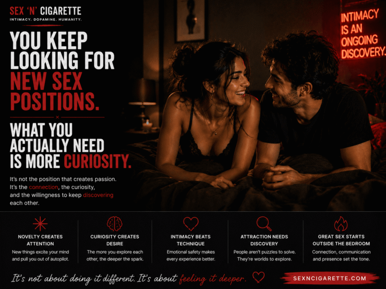 Couple sharing an intimate and playful moment while discussing attraction, curiosity, sexual excitement, and relationship intimacy beyond physical techniques.