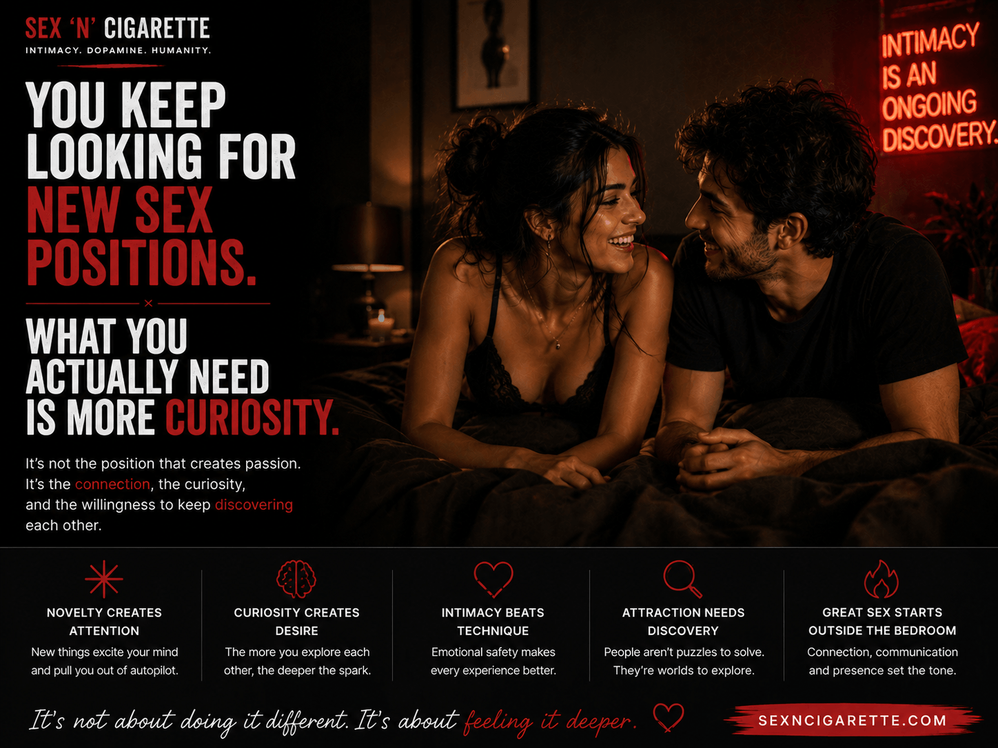 Couple sharing an intimate and playful moment while discussing attraction, curiosity, sexual excitement, and relationship intimacy beyond physical techniques.