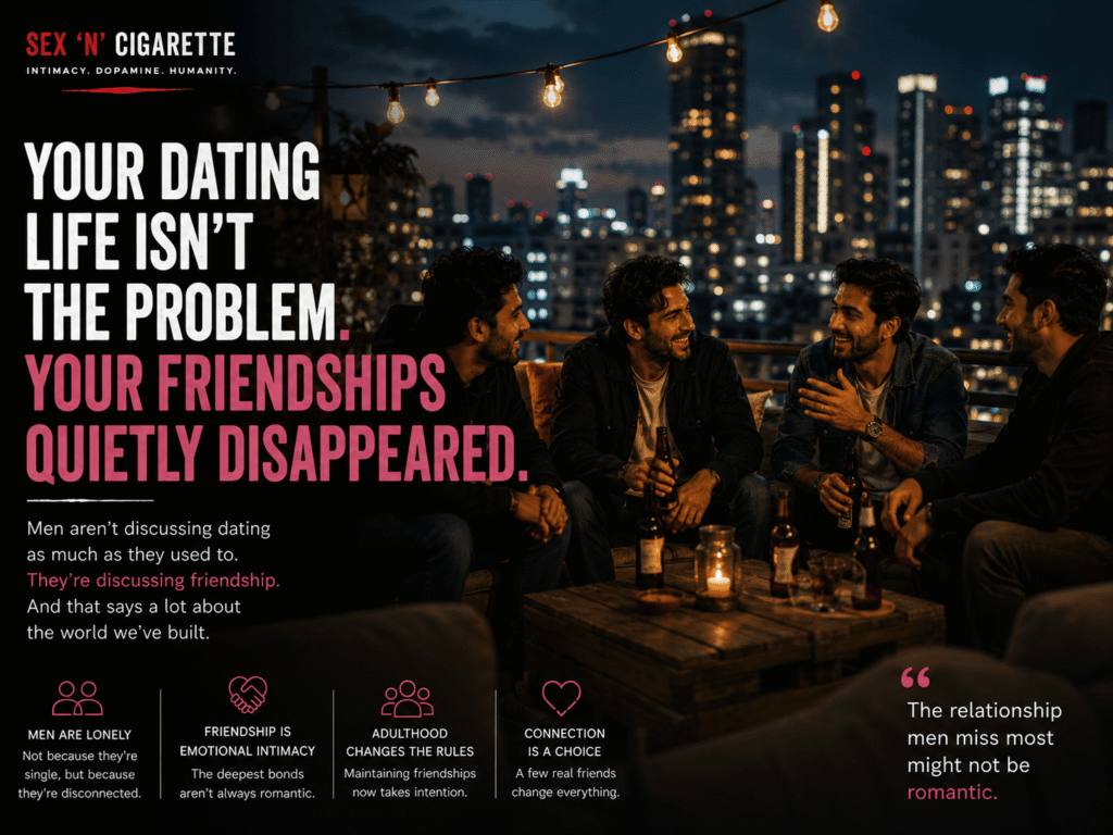 Group of male friends sharing a meaningful conversation at night, representing friendship, masculinity, emotional intimacy, and human connection.