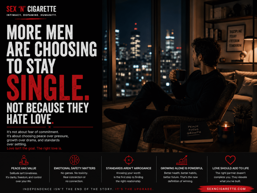 A confident man enjoying a peaceful evening alone, symbolizing why more men are choosing to stay single, emotional well-being, modern masculinity, and relationship psychology.