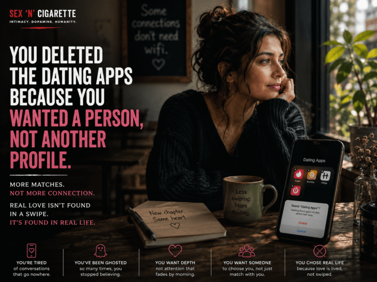 Woman reflecting after deleting dating apps, representing dating app fatigue, emotional connection, modern relationships, and the search for meaningful love.