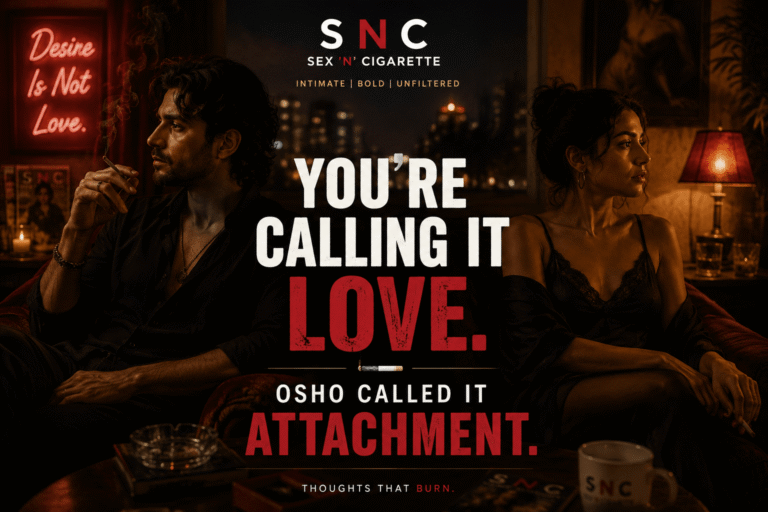 Contemplative couple in a warm, intimate setting representing Osho's teachings on love, attachment, freedom, and emotional connection.