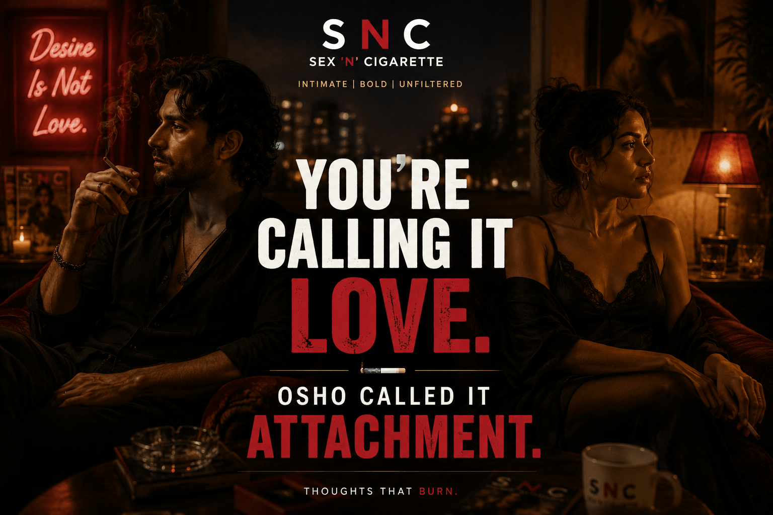 Contemplative couple in a warm, intimate setting representing Osho's teachings on love, attachment, freedom, and emotional connection.