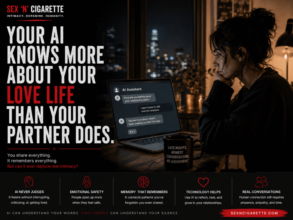 A person having a late-night conversation with an AI assistant, symbolizing AI relationship advice, emotional intelligence, digital intimacy, and modern love.