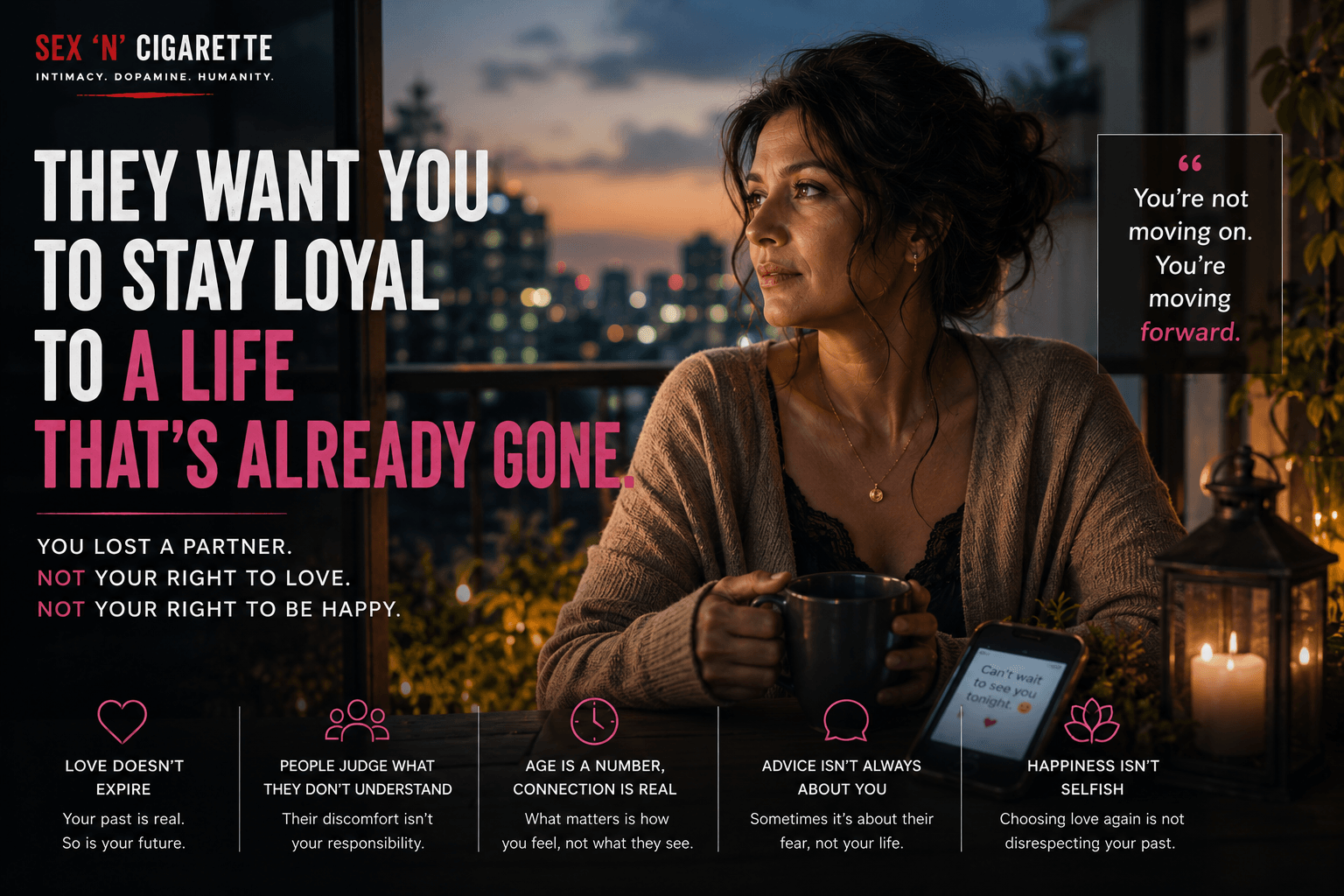 Mature woman standing thoughtfully in evening city light while holding a message from someone she cares about, representing love after loss, second chances, and emotional courage.