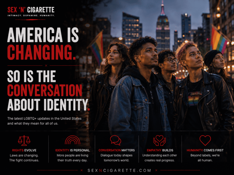 A diverse group of young adults gathered in an American city at dusk, symbolizing evolving LGBTQ+ identity, inclusion, and the changing cultural conversation in the United States.