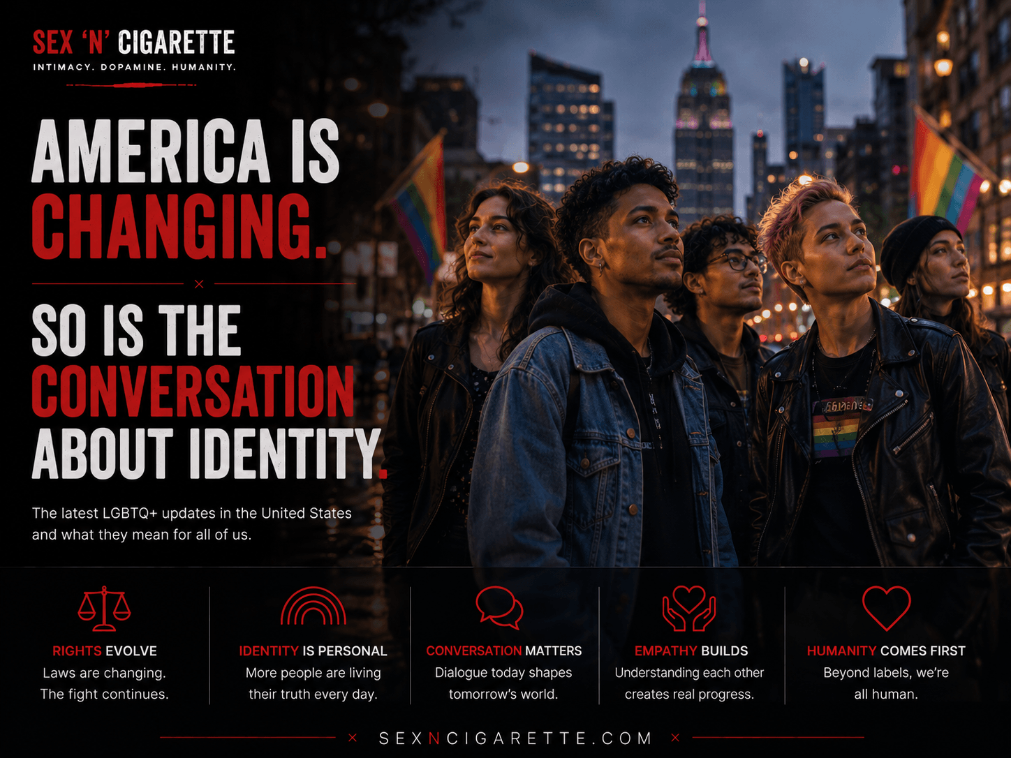 A diverse group of young adults gathered in an American city at dusk, symbolizing evolving LGBTQ+ identity, inclusion, and the changing cultural conversation in the United States.