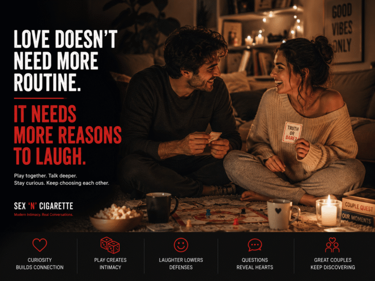 A smiling couple playing a relationship game together in a cozy living room, highlighting playful communication, emotional intimacy, and quality time.