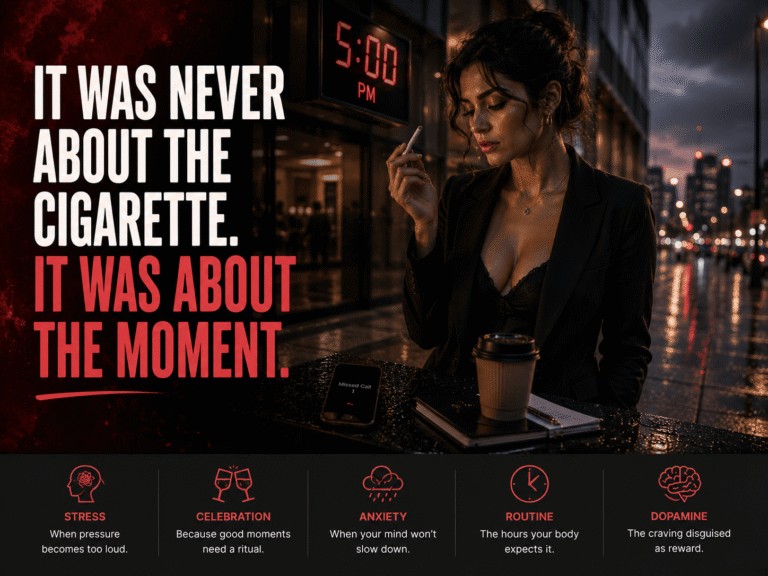 A person holding an unlit cigarette outside an office at dusk, representing emotional smoking triggers linked to routine, stress, and dopamine.