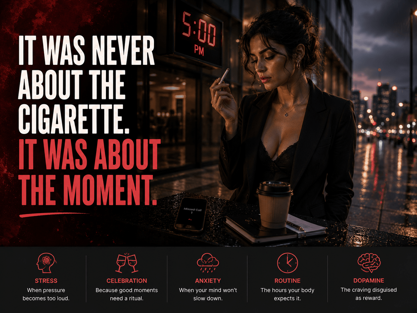 A person holding an unlit cigarette outside an office at dusk, representing emotional smoking triggers linked to routine, stress, and dopamine.