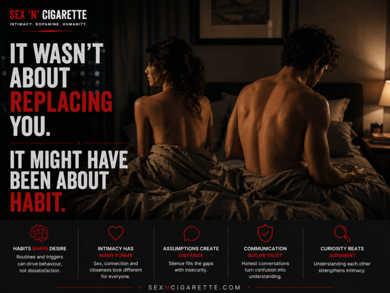 A thoughtful man sitting on the edge of a bed after intimacy while his partner rests nearby, symbolizing relationship psychology, masturbation after sex, emotional communication, and intimacy.