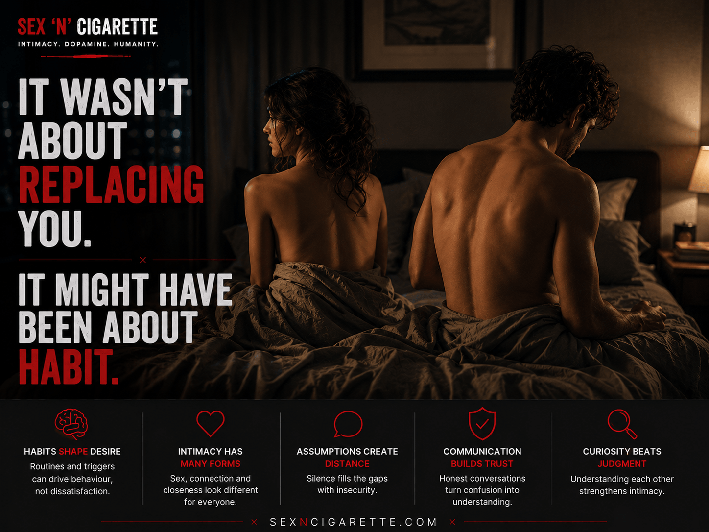 A thoughtful man sitting on the edge of a bed after intimacy while his partner rests nearby, symbolizing relationship psychology, masturbation after sex, emotional communication, and intimacy.