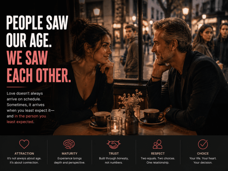 A younger adult and an older partner sharing a thoughtful conversation in a café, representing an age-gap relationship built on emotional connection.