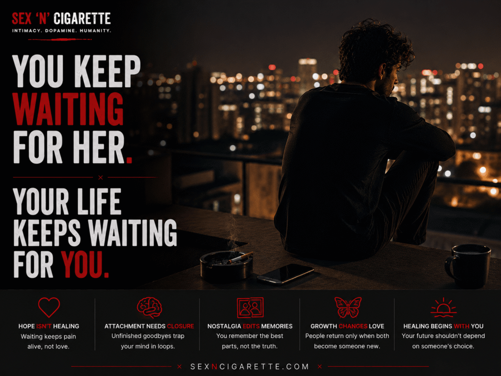 A thoughtful man sitting alone at night after a breakup, reflecting on whether his former partner will return, symbolizing heartbreak, attachment, and emotional healing.