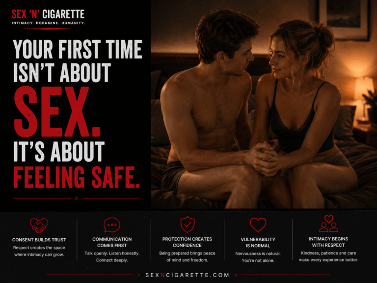 A young couple holding hands before their first sexual experience, representing trust, communication, consent, emotional readiness, and first-time intimacy.