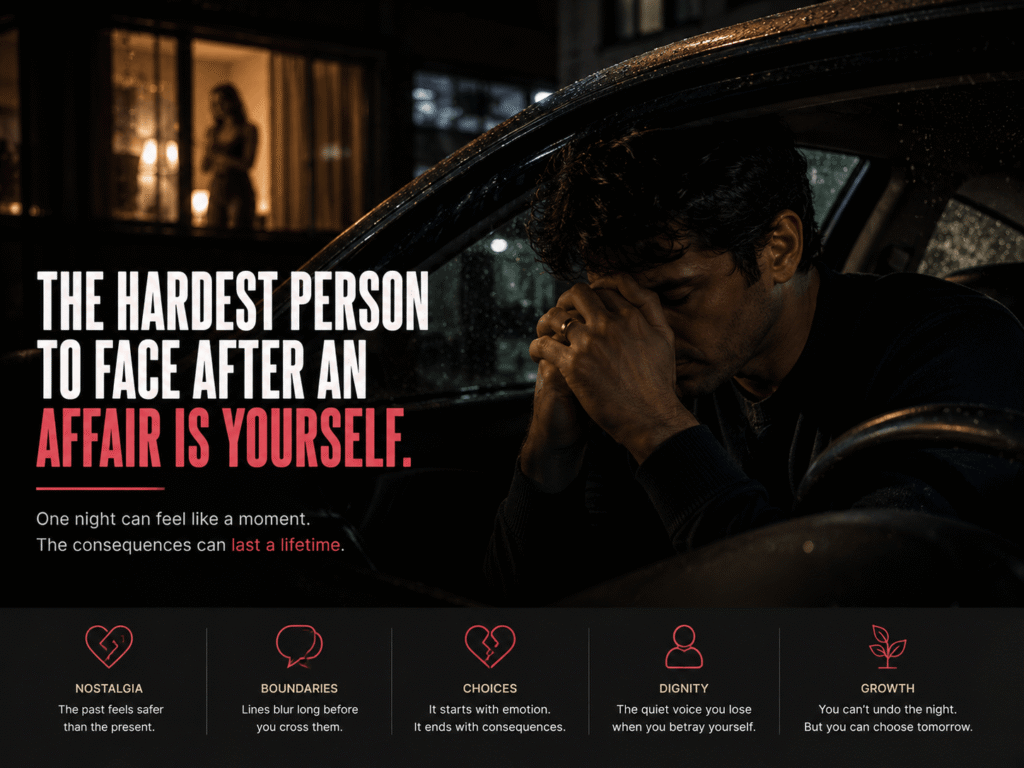 A married man sitting alone in a car after leaving his ex's apartment, reflecting on guilt, regret, and emotional consequences.
