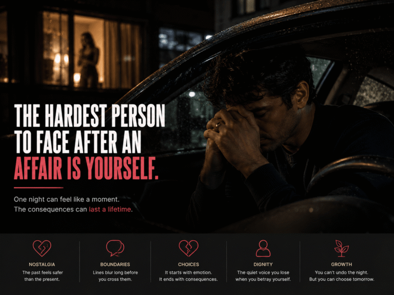 A married man sitting alone in a car after leaving his ex's apartment, reflecting on guilt, regret, and emotional consequences.