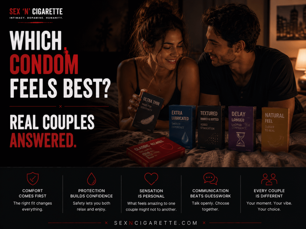 A couple comparing different condom options together in a modern bedroom, symbolizing safe sex, intimacy, relationship communication, and choosing the right condom for different experiences.