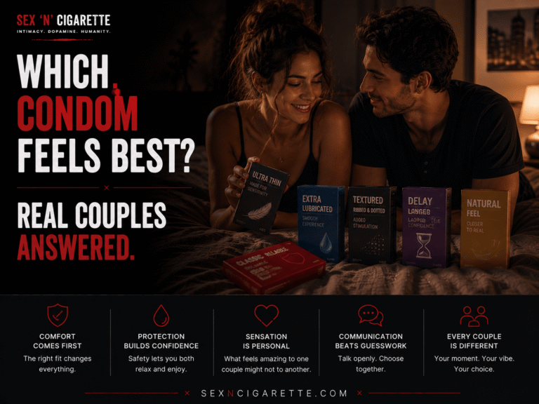 A couple comparing different condom options together in a modern bedroom, symbolizing safe sex, intimacy, relationship communication, and choosing the right condom for different experiences.
