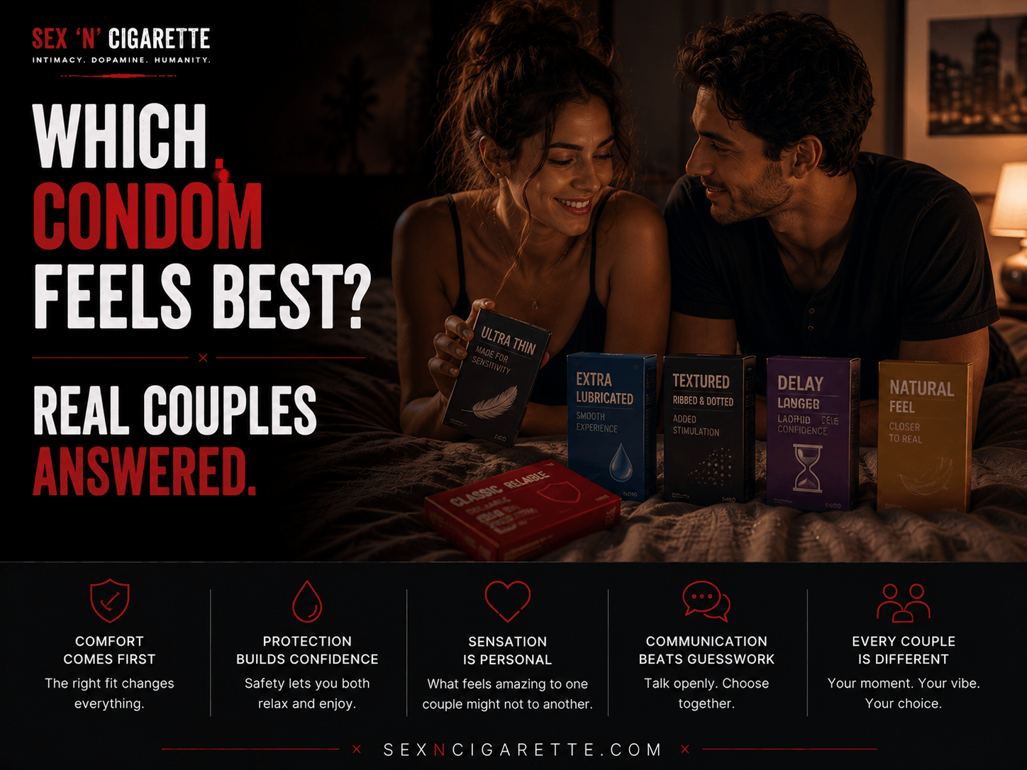 A couple comparing different condom options together in a modern bedroom, symbolizing safe sex, intimacy, relationship communication, and choosing the right condom for different experiences.